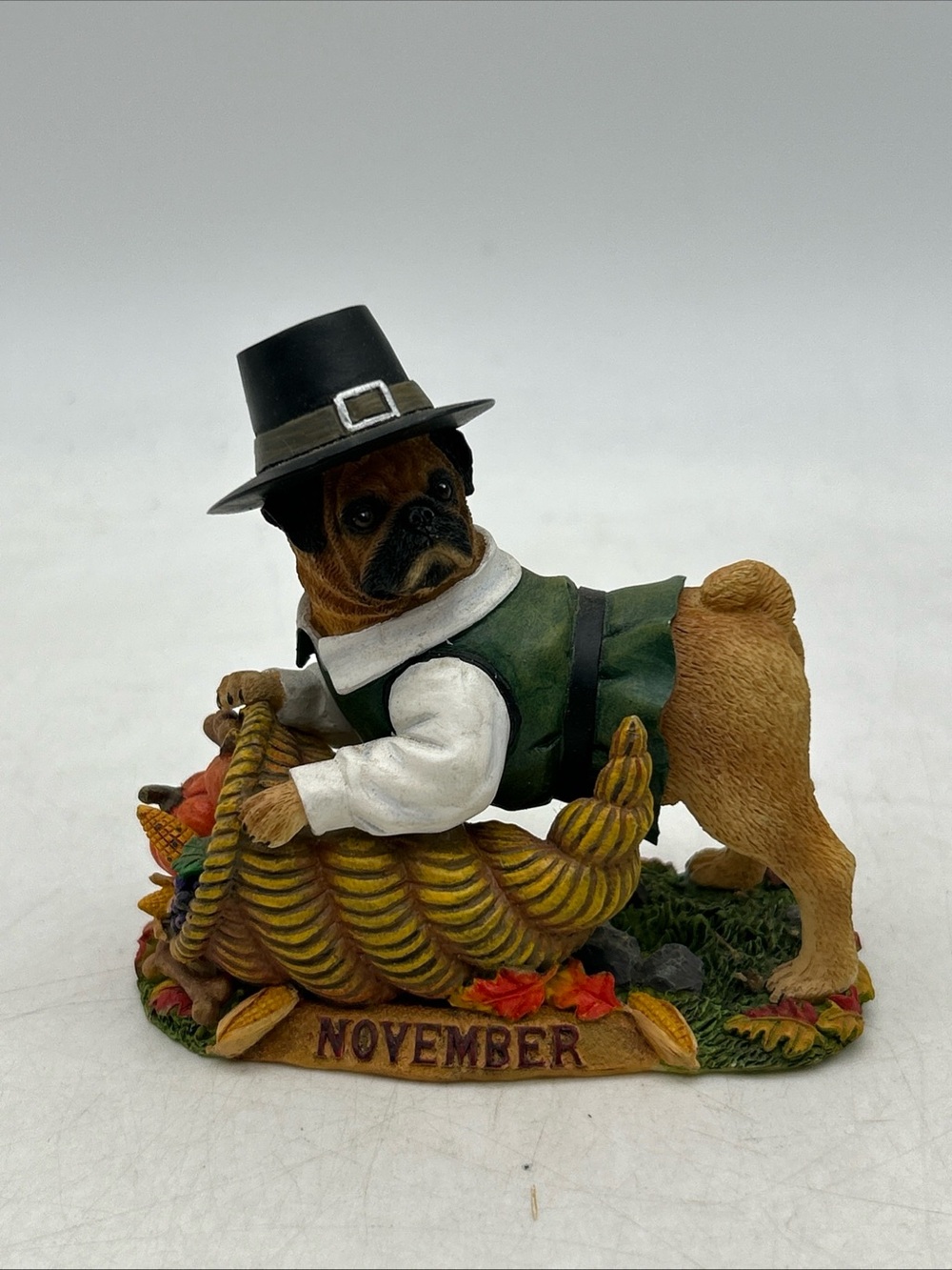 Danbury Mint Perpetual Calendar Figurine of the Month November Pug Thanksgiving